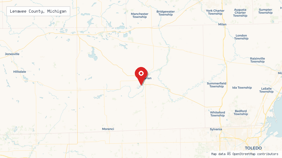 Street map of Lenawee County, Michigan with location pin