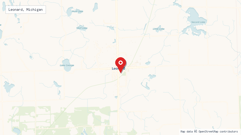 Street map of Leonard, Michigan with location pin