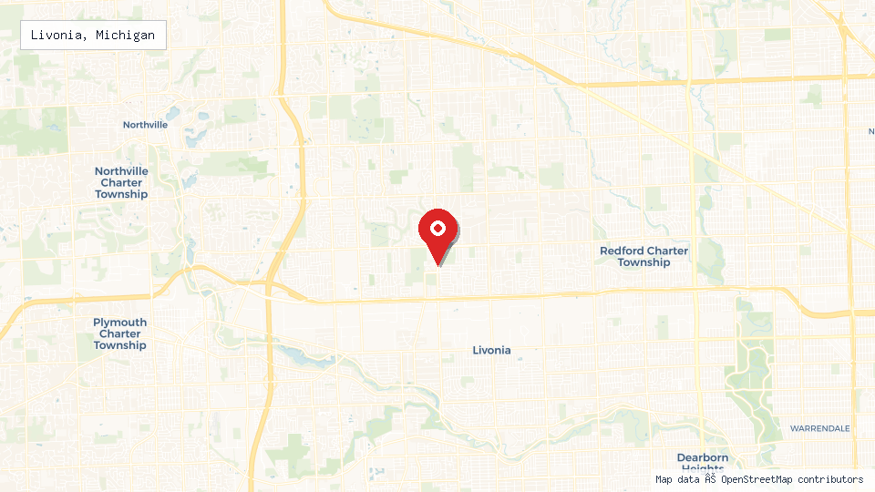 Street map of Livonia, Michigan with location pin
