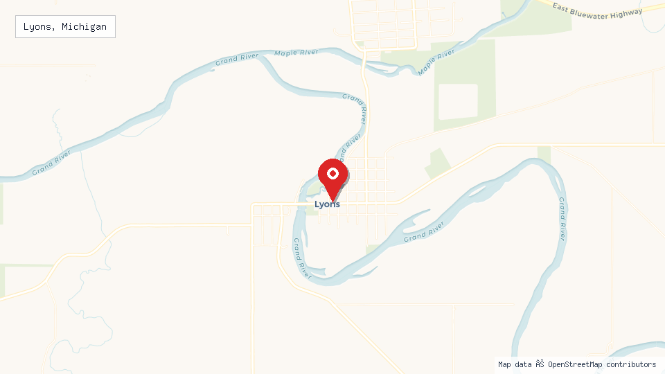 Street map of Lyons, Michigan with location pin
