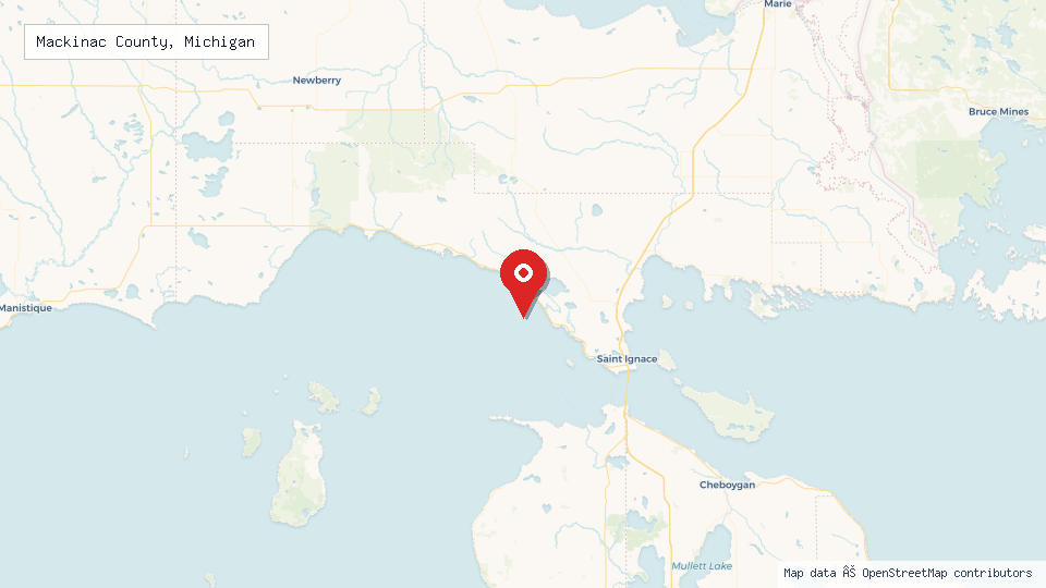 Street map of Mackinac County, Michigan with location pin