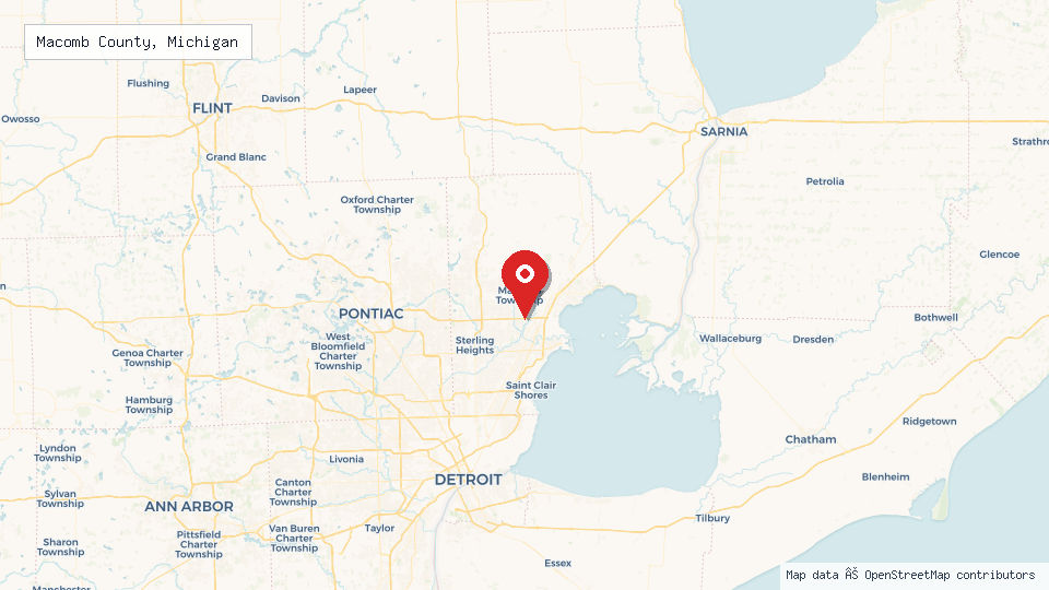 Street map of Macomb County, Michigan with location pin