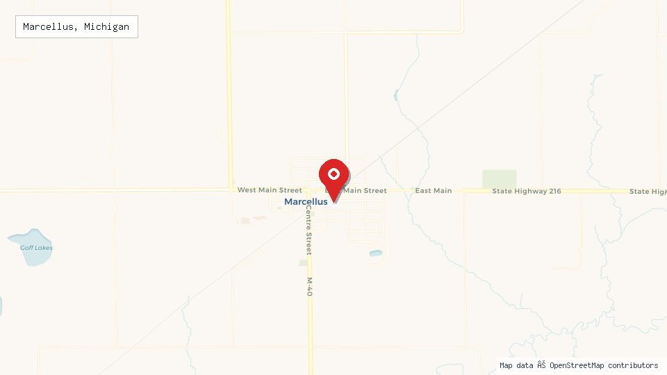 Street map of Marcellus, Michigan with location pin
