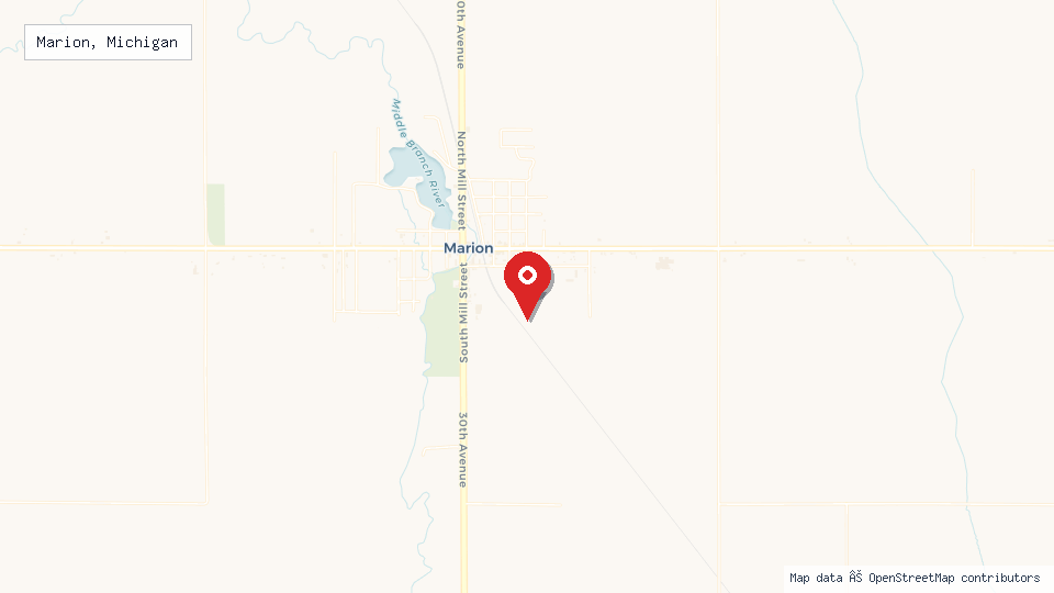 Street map of Marion, Michigan with location pin