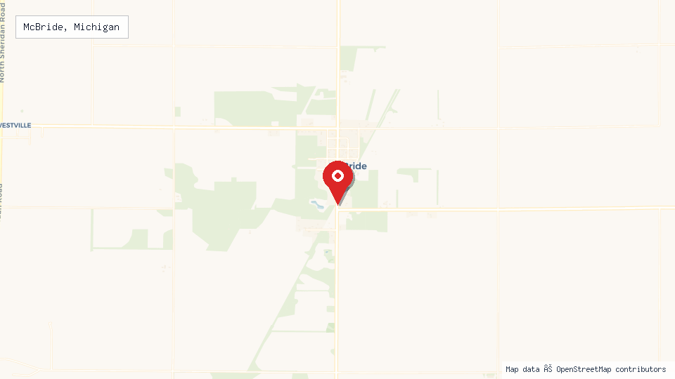 Street map of McBride, Michigan with location pin