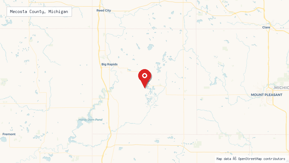 Street map of Mecosta County, Michigan with location pin