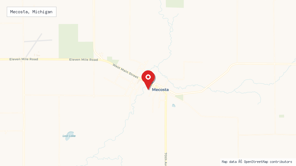 Street map of Mecosta, Michigan with location pin