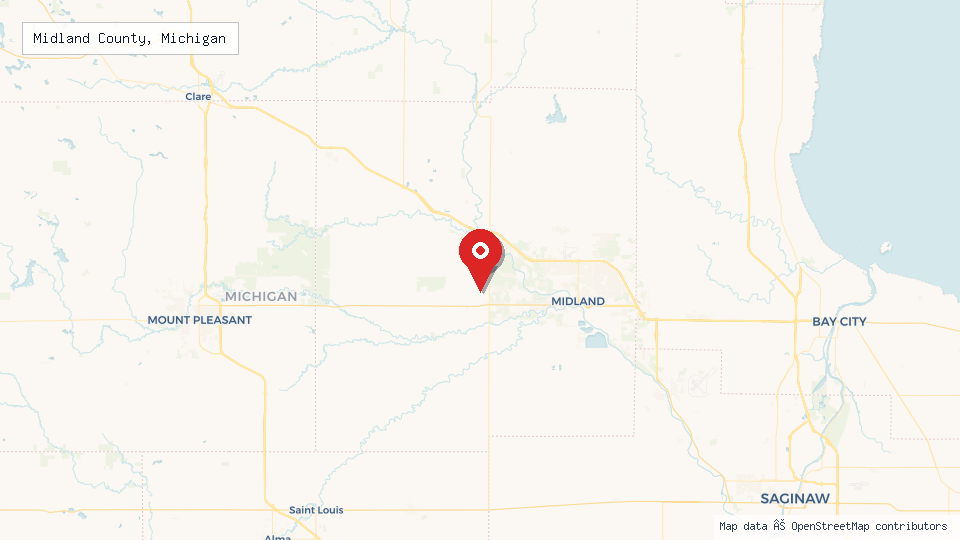 Street map of Midland County, Michigan with location pin