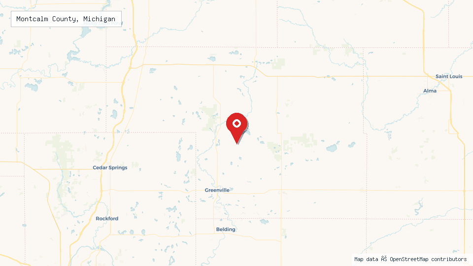 Street map of Montcalm County, Michigan with location pin