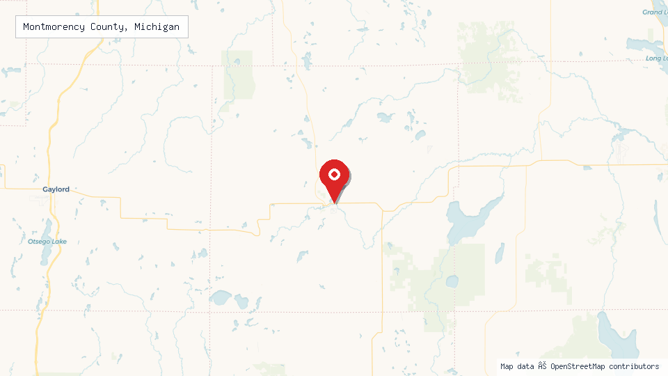 Street map of Montmorency County, Michigan with location pin