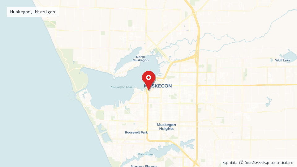 Street map of Muskegon, Michigan with location pin