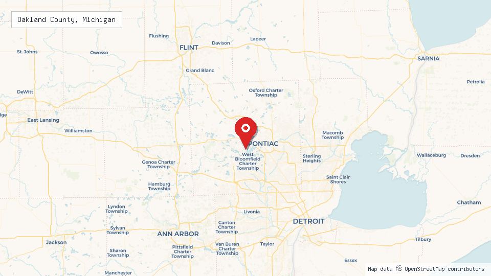Street map of Oakland County, Michigan with location pin