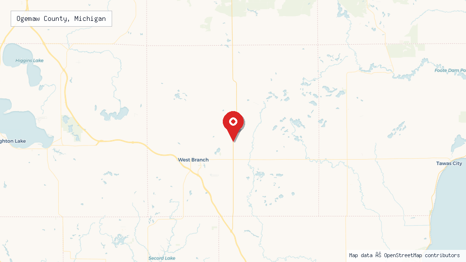 Street map of Ogemaw County, Michigan with location pin