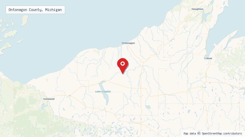 Street map of Ontonagon County, Michigan with location pin