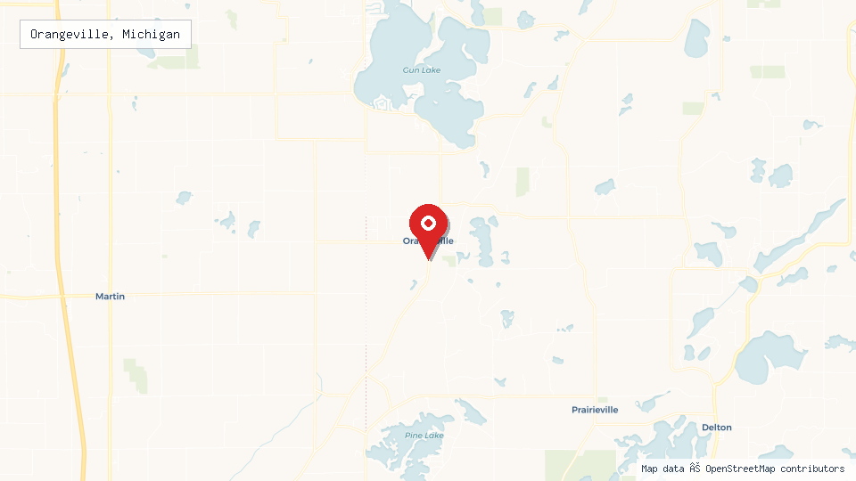 Street map of Orangeville, Michigan with location pin