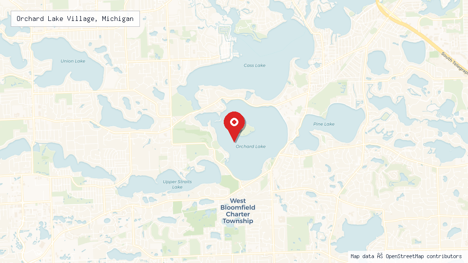 Street map of Orchard Lake Village, Michigan with location pin