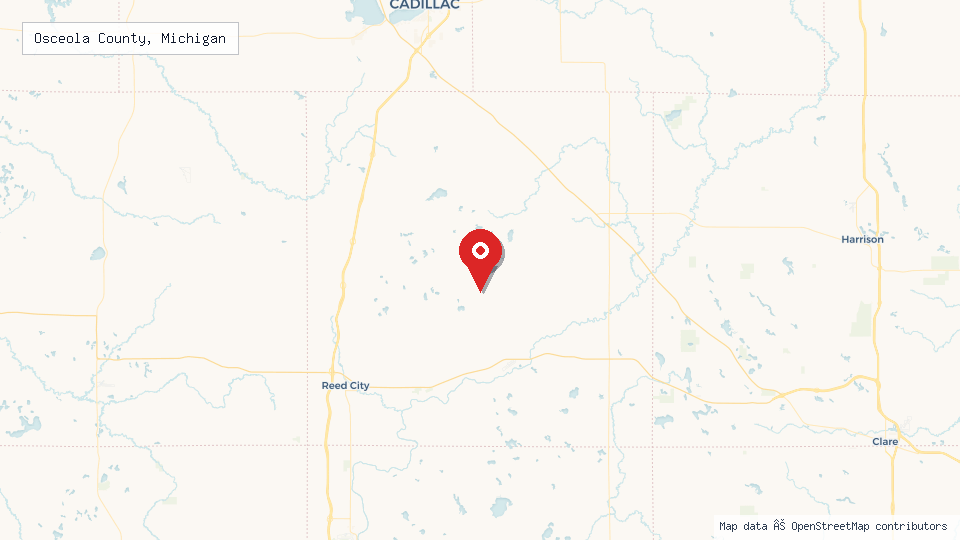 Street map of Osceola County, Michigan with location pin