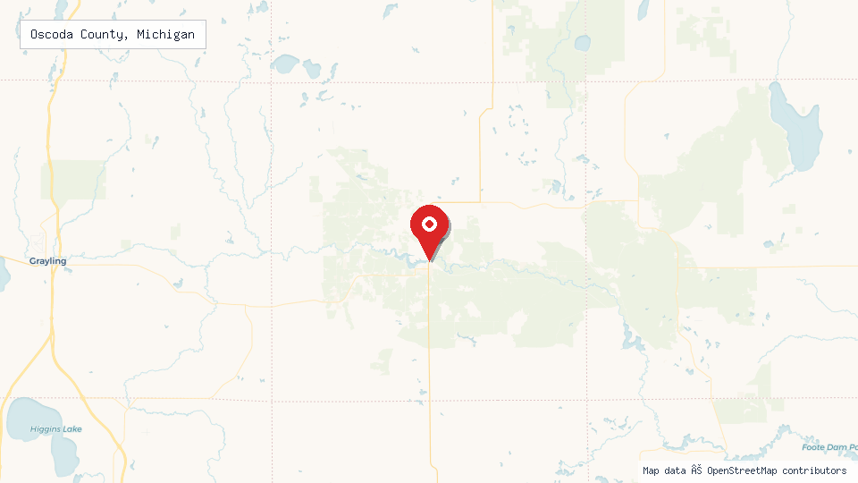 Street map of Oscoda County, Michigan with location pin
