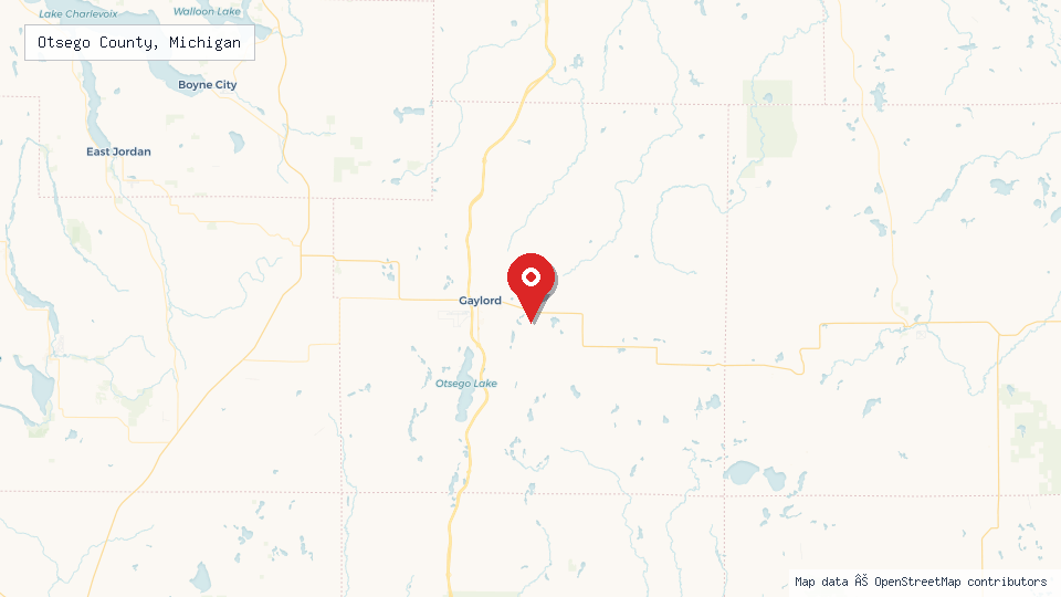 Street map of Otsego County, Michigan with location pin