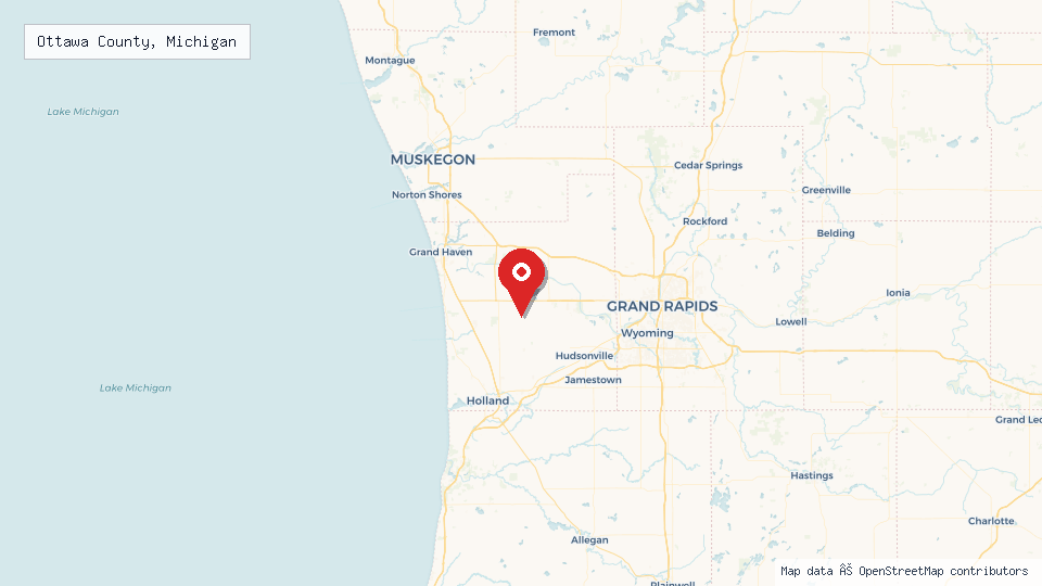 Street map of Ottawa County, Michigan with location pin