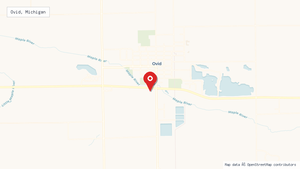 Street map of Ovid, Michigan with location pin