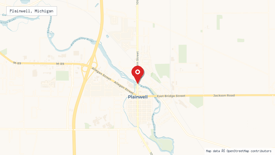 Street map of Plainwell, Michigan with location pin