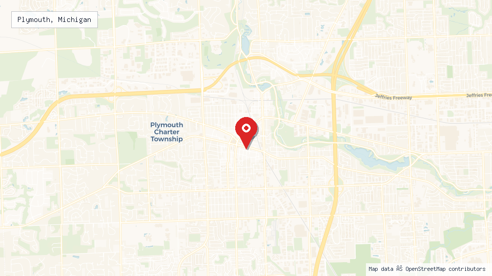 Street map of Plymouth, Michigan with location pin