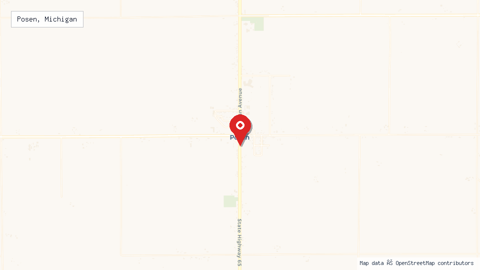 Street map of Posen, Michigan with location pin