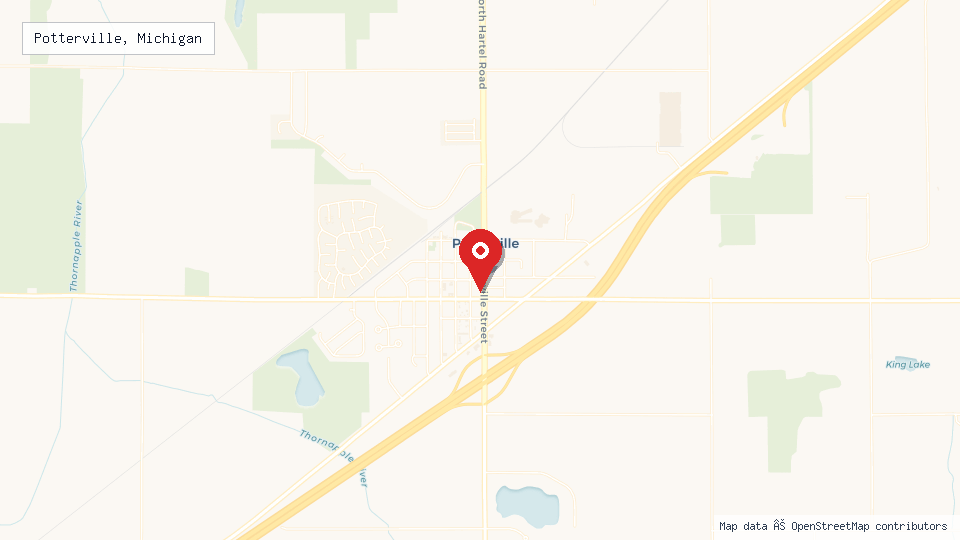 Street map of Potterville, Michigan with location pin