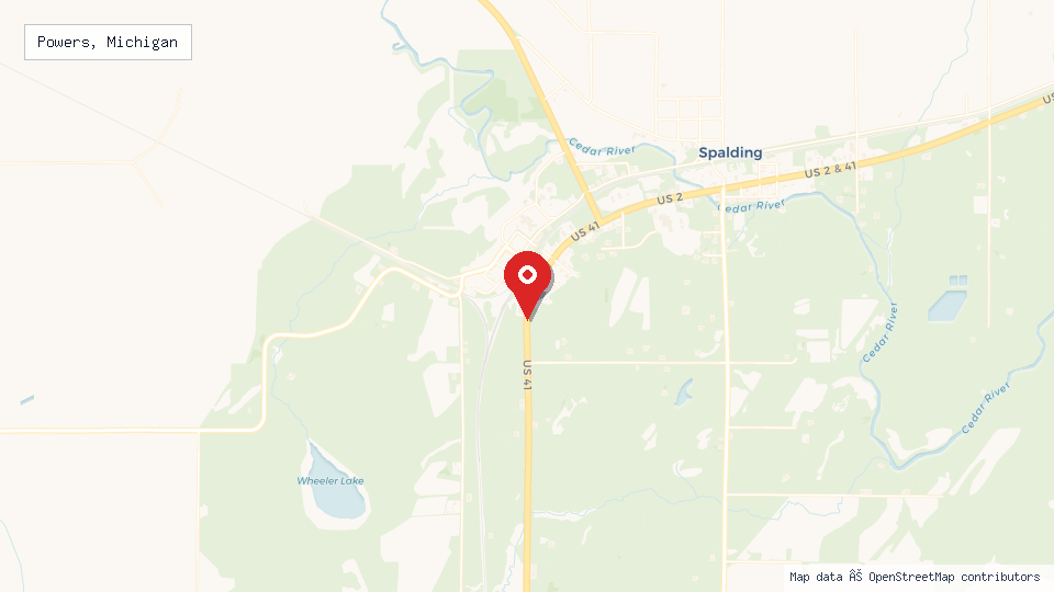 Street map of Powers, Michigan with location pin