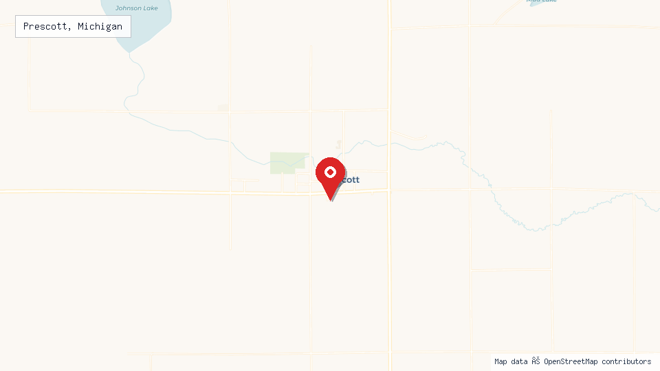 Street map of Prescott, Michigan with location pin