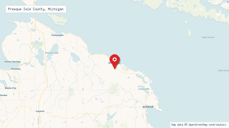 Street map of Presque Isle County, Michigan with location pin