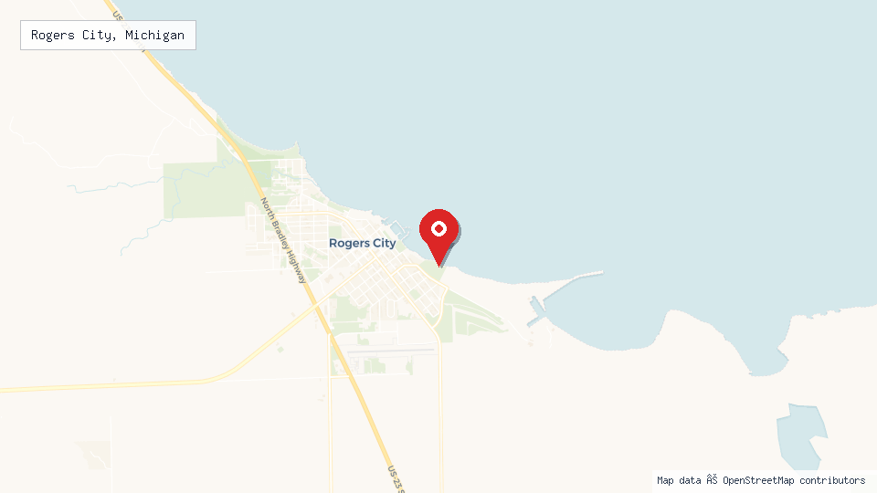 Street map of Rogers City, Michigan with location pin