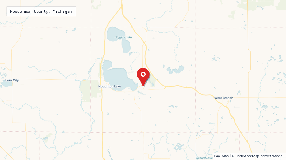 Street map of Roscommon County, Michigan with location pin