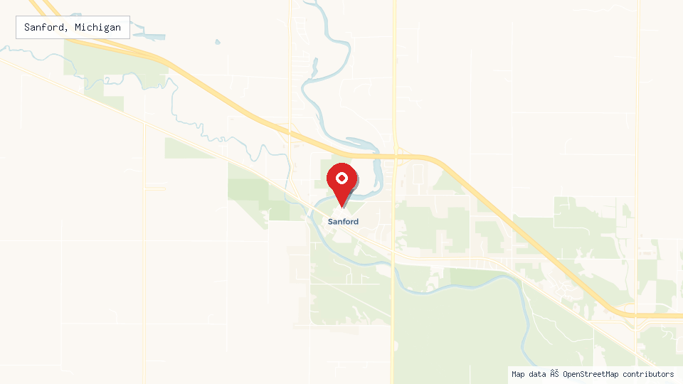 Street map of Sanford, Michigan with location pin