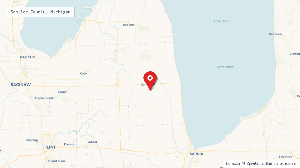 Street map of Sanilac County, Michigan with location pin