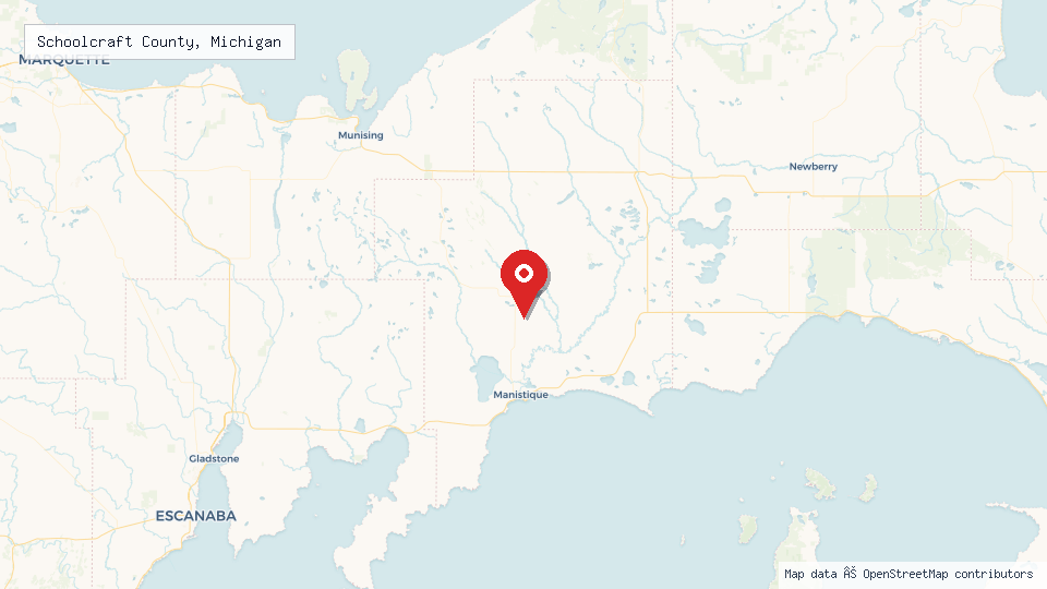Street map of Schoolcraft County, Michigan with location pin