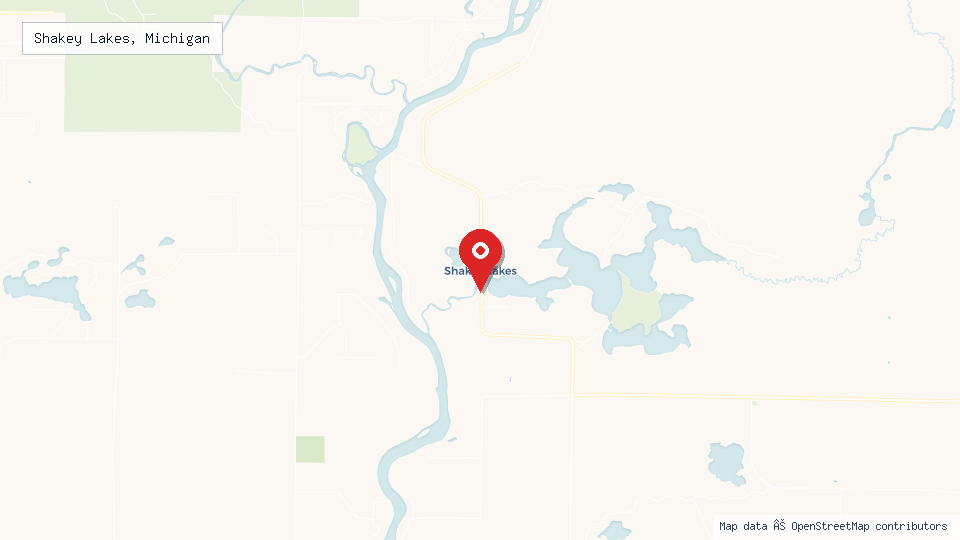 Street map of Shakey Lakes, Michigan with location pin