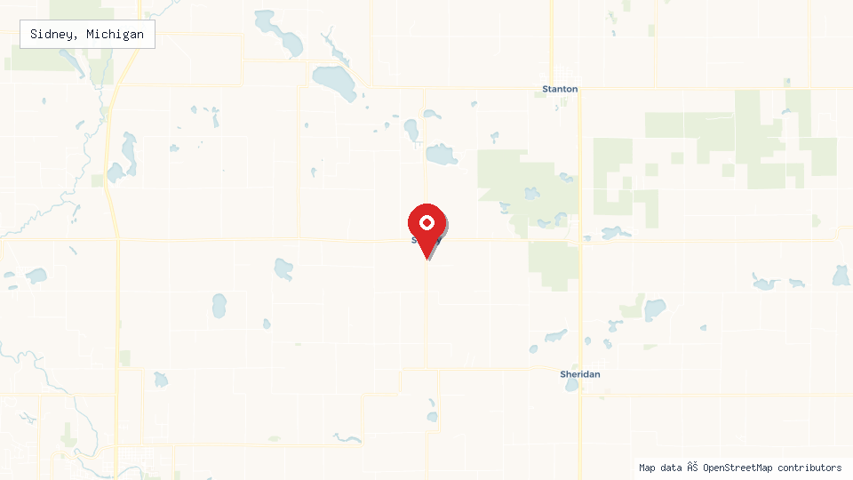Street map of Sidney, Michigan with location pin