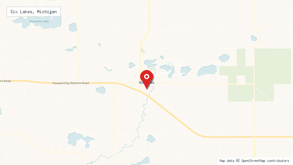 Street map of Six Lakes, Michigan with location pin
