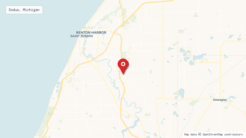 Street map of Sodus, Michigan with location pin