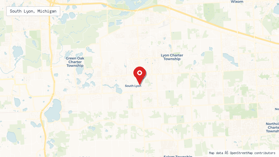 Street map of South Lyon, Michigan with location pin