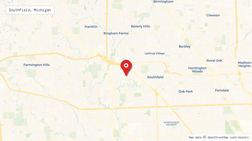 Street map of Southfield, Michigan with location pin