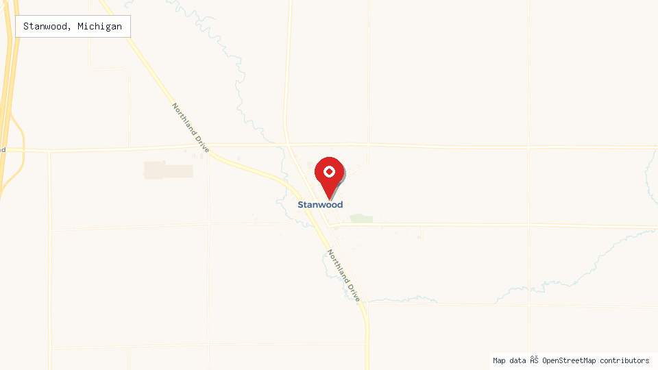 Street map of Stanwood, Michigan with location pin