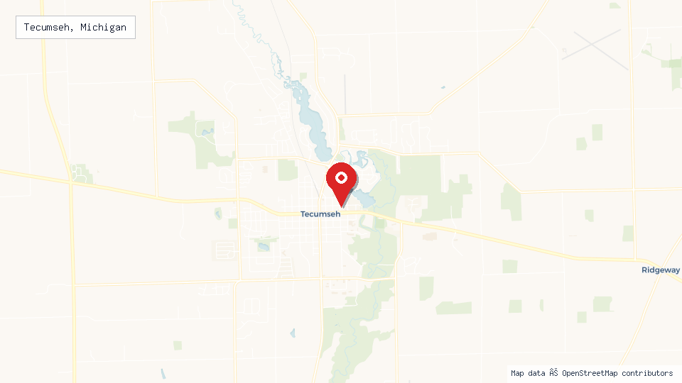 Street map of Tecumseh, Michigan with location pin