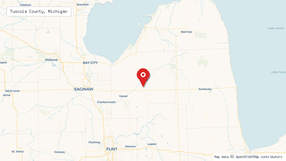 Street map of Tuscola County, Michigan with location pin