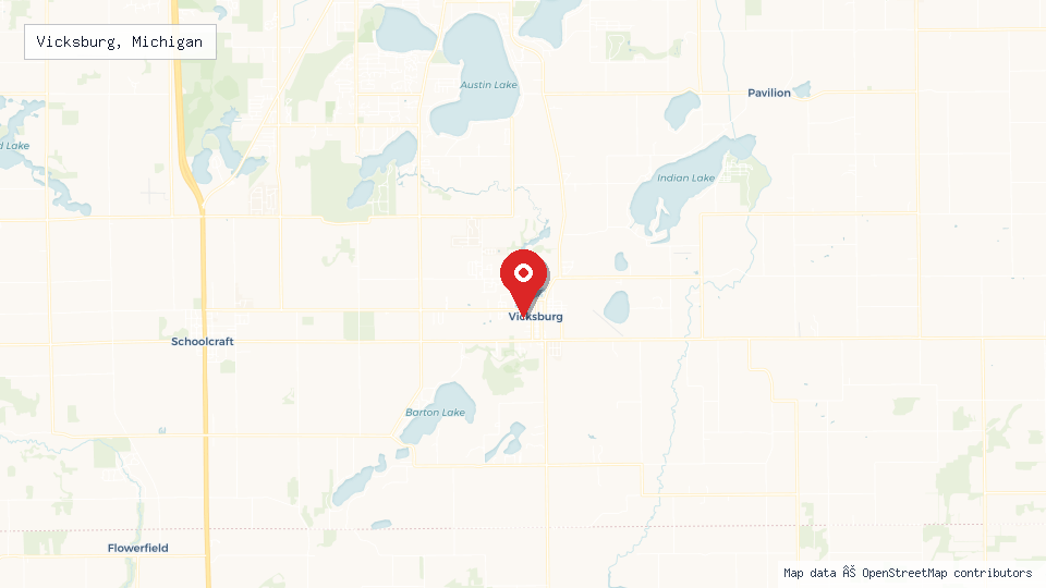 Street map of Vicksburg, Michigan with location pin
