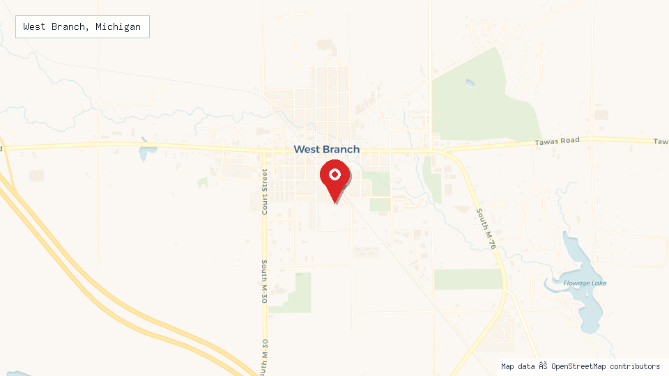 Street map of West Branch, Michigan with location pin