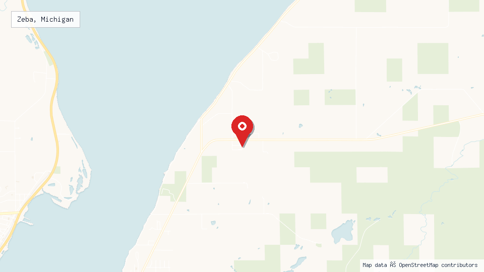 Street map of Zeba, Michigan with location pin