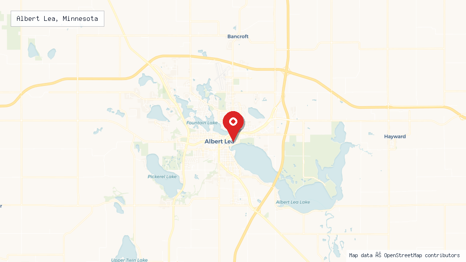 Street map of Albert Lea, Minnesota with location pin